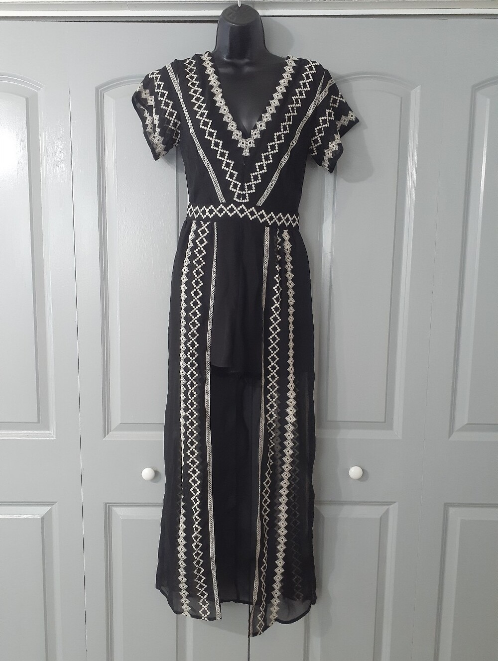 Crystal Sky Black Romper With sheer Train Nwt
